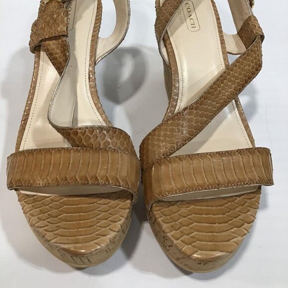 EUC COACH Snakeskin Espadrille Wedges Gold Logo Cork heel COMFY sz 9 Nude - Picture 4 of 9